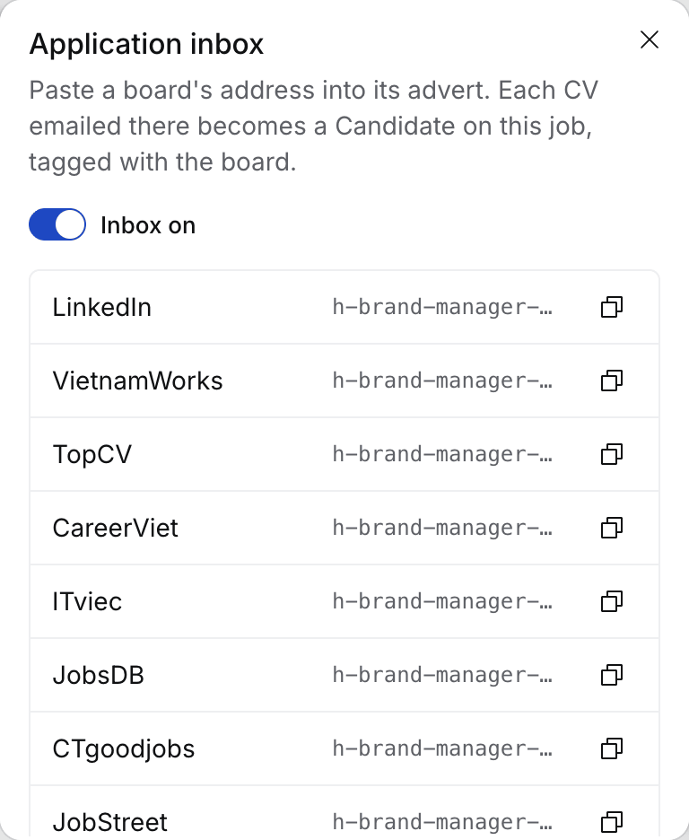 The Application inbox dialog listing LinkedIn, VietnamWorks, TopCV, CareerViet, ITviec, JobsDB and other boards, each with a copy button