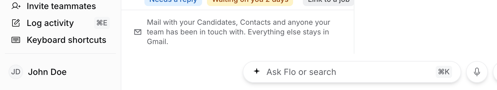 The foot of the Inbox: your name in the sidebar and the Ask Flo bar on one line, with the list's footer ending just above them