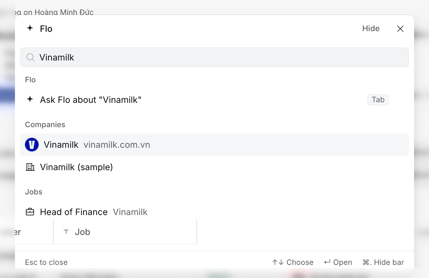 The Ask Flo bar with results for Vinamilk: Ask Flo, Companies and Jobs