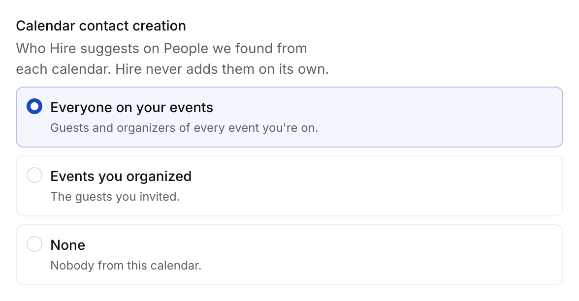 Calendar contact creation: Everyone on your events (chosen), Events you organized and None