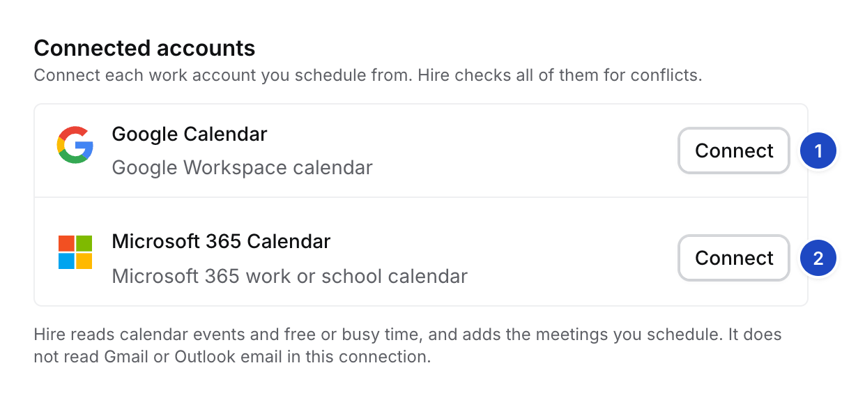 Connections settings with Connect buttons for Google Calendar and Microsoft 365 Calendar