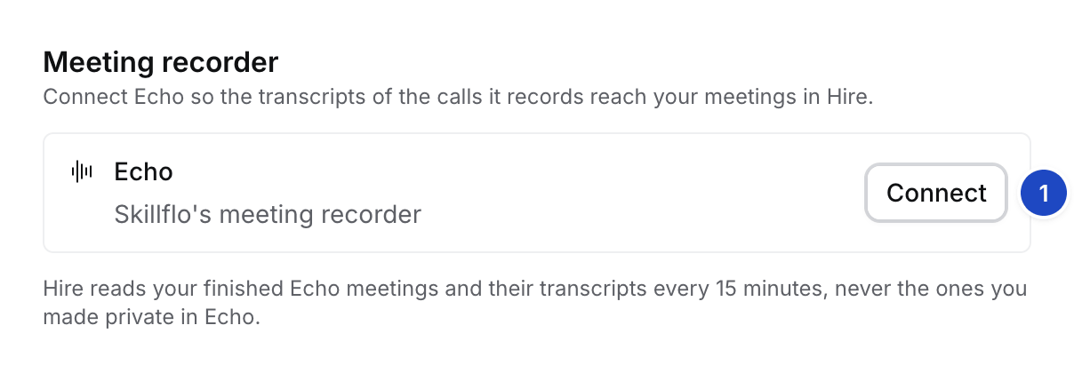 The Meeting recorder section of Connections settings, with Echo's Connect button