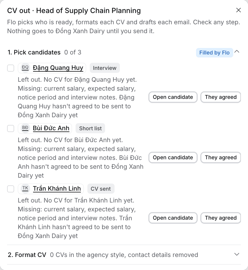CV out for a job: Flo's picks with a reason for each, then Format CV, Draft the email and Approve