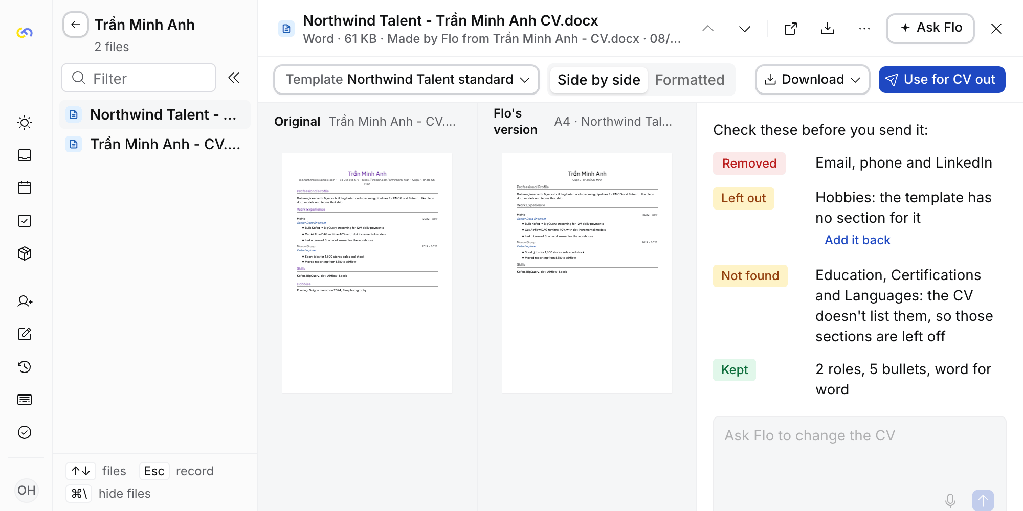 A CV's review: the original beside Flo's version, with Use for CV out in the toolbar and Flo's checks on the right