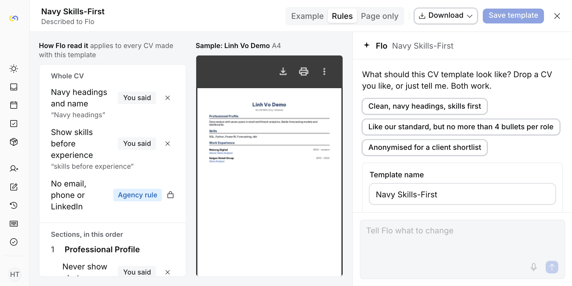 The template screen: the rules Flo read, tagged You said or Agency rule, beside a sample CV and Flo's panel