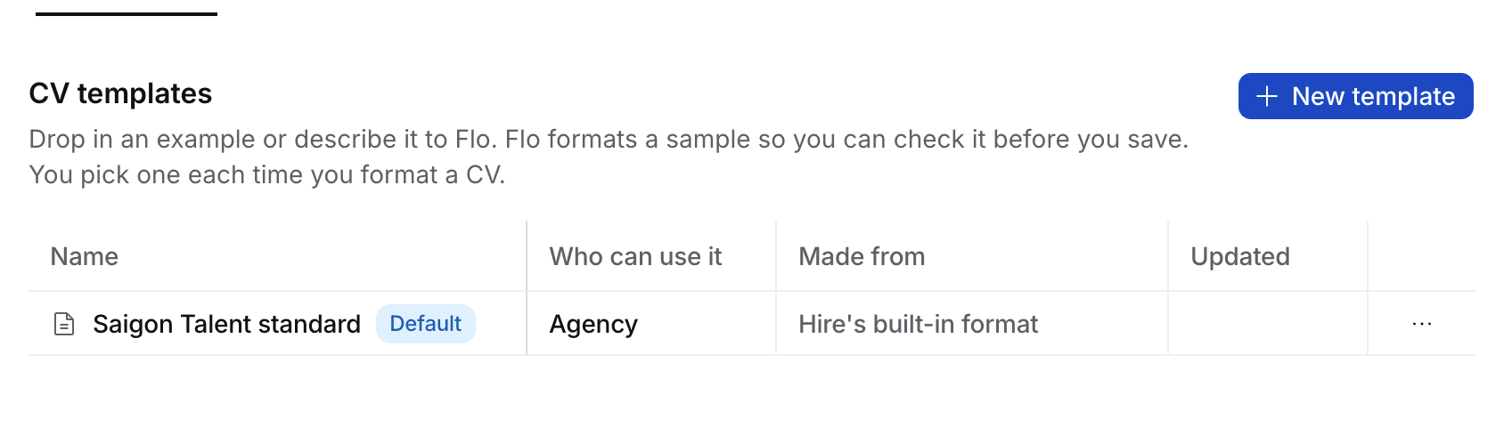 Settings › Templates › CV templates with the built-in default and an agency template