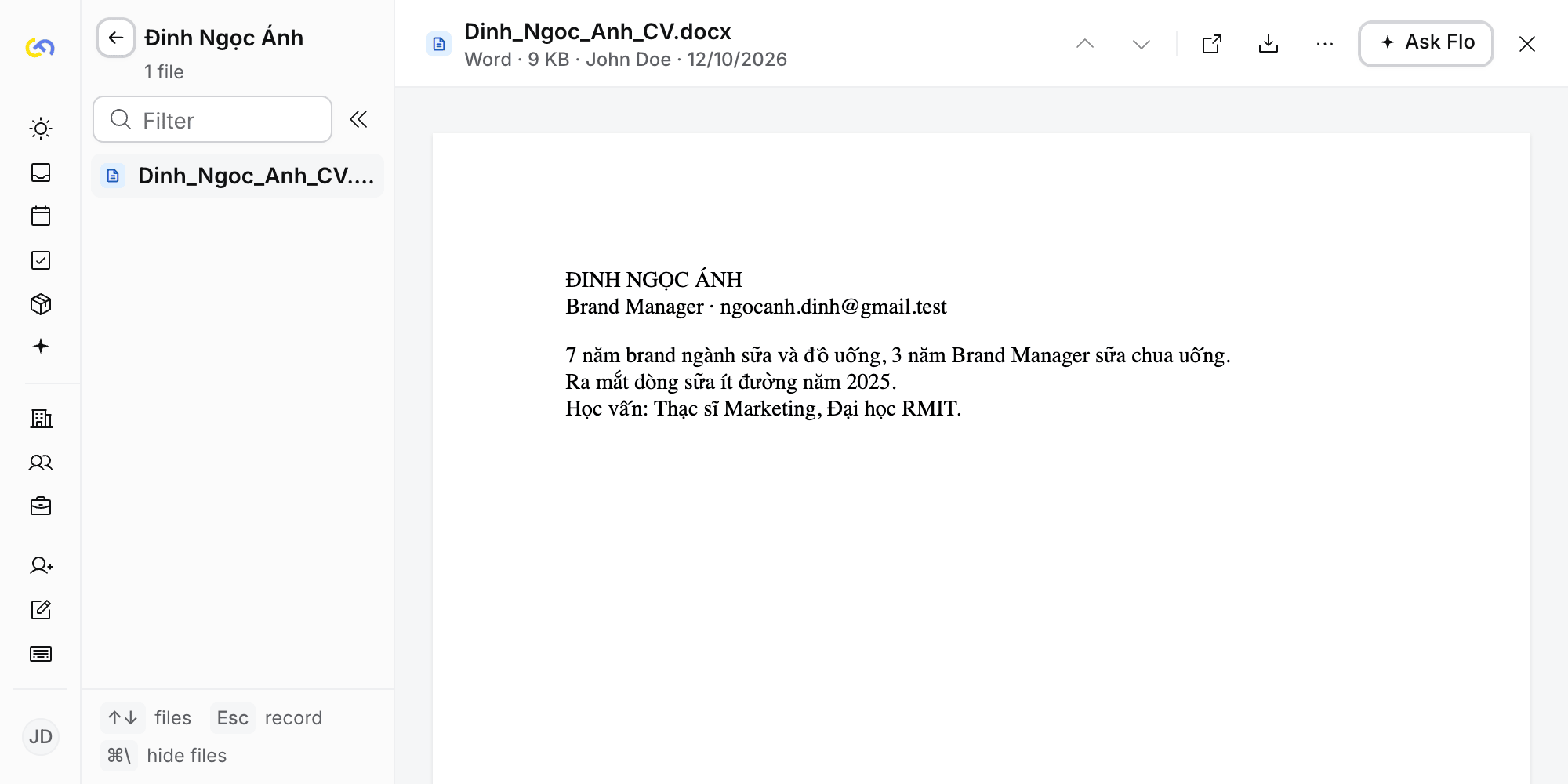 The file viewer showing Đinh Ngọc Ánh's Word CV, with her files listed on the left