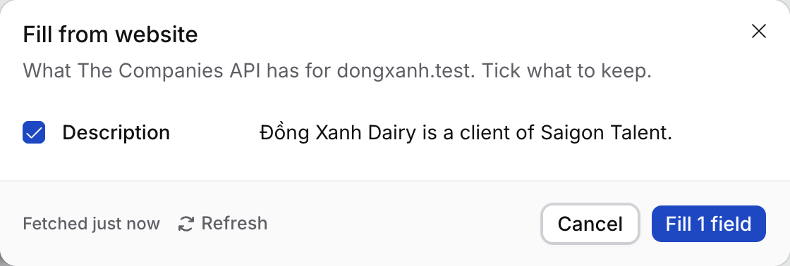 Fill from website for dongxanh.test, with Description ticked and Fill 1 field