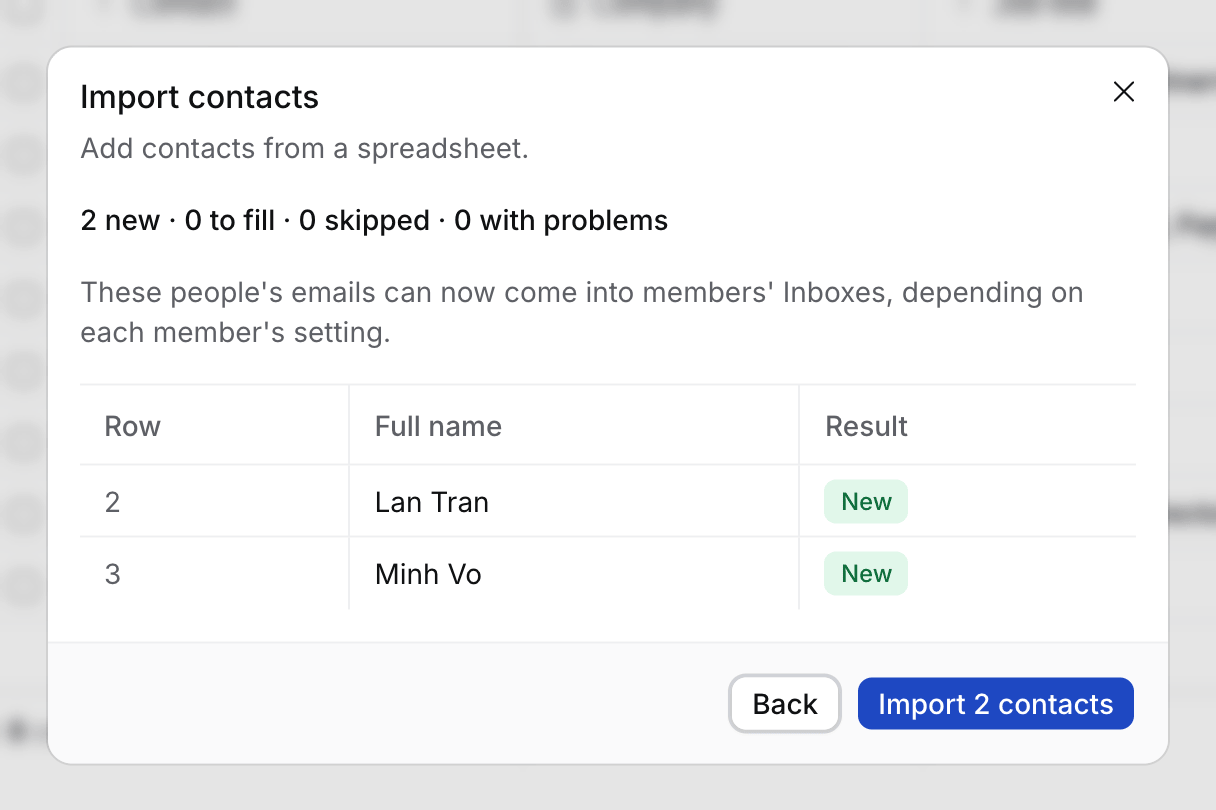 The import preview: 2 new, each row with its result, and Import 2 contacts