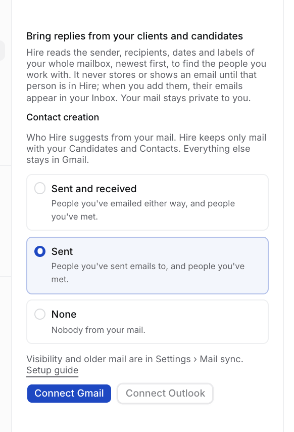 The Inbox's connect card: what Hire reads, Contact creation with Sent chosen, and Connect Gmail