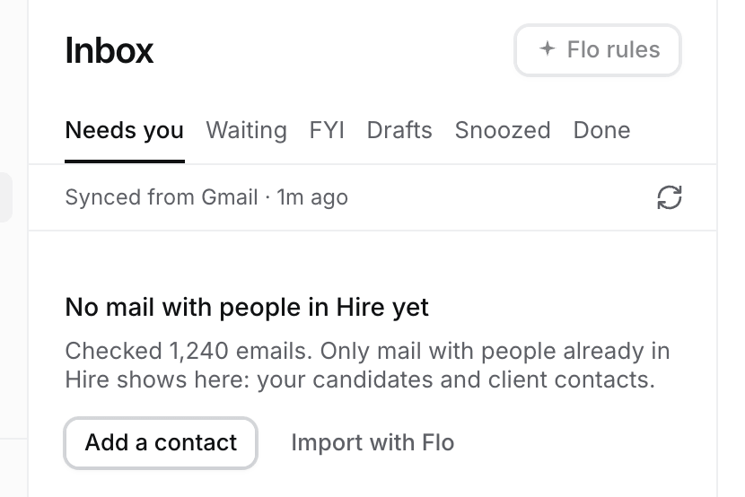 An empty Inbox: Synced from Gmail 1m ago with Sync now, and No mail with people in Hire yet with the number of emails checked