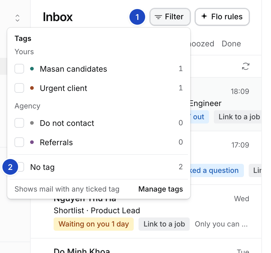 Inbox Filter: marker 1 is Filter, 2 is No tag