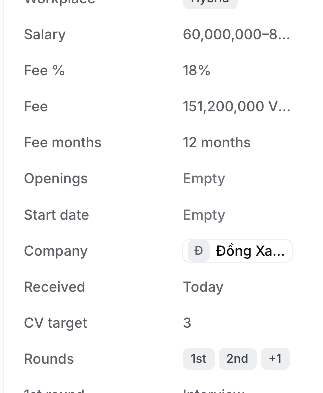 Details on Brand Manager, Dairy: Salary 60,000,000 to 80,000,000 VND, Fee % 18%, Fee 151,200,000 VND, Fee months 12, CV target 3 and Rounds 1st, 2nd, Final