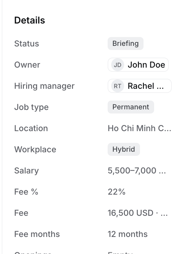 Details of the Senior Product Manager, Payments Job Flo created from the Zippa briefing: Briefing, Rachel Tan as hiring manager, Hybrid, 5,500 to 7,000 USD, Fee % 22%, Fee 16,500 USD