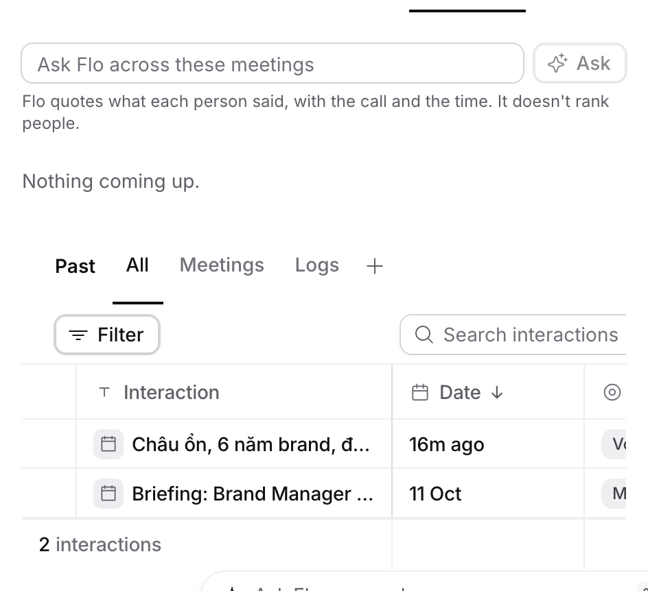 The Brand Manager, Dairy Meetings tab: Ask Flo across these meetings, Nothing coming up, and Past with the client briefing