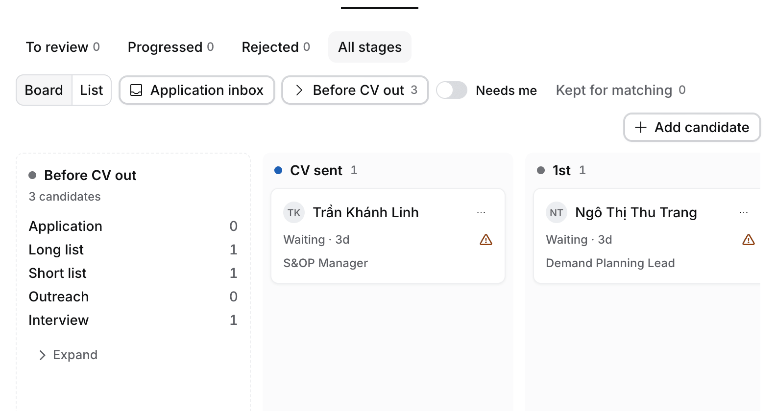 The Pipeline tab as a board grouped by stage, with Application inbox in the toolbar