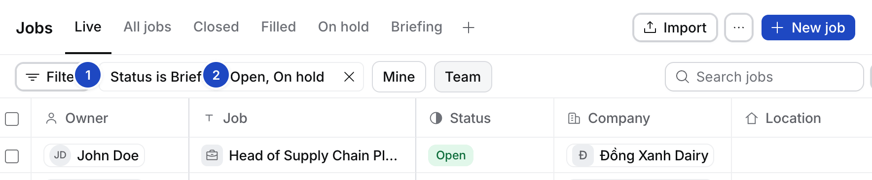 The Jobs page with the Live, All jobs, Closed, Filled, On hold and Briefing tabs, showing three open Jobs