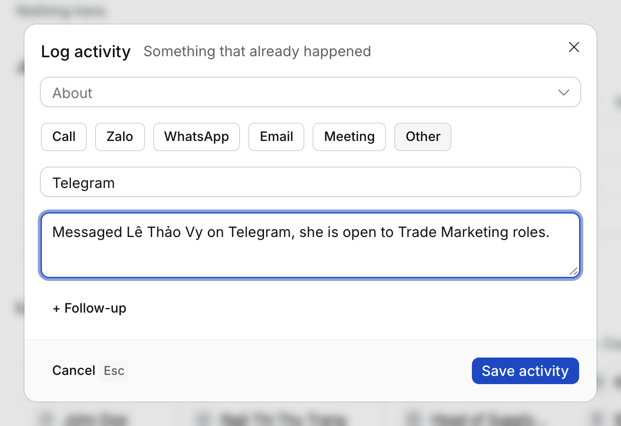 Log activity under More options with Other selected and Telegram typed as the channel