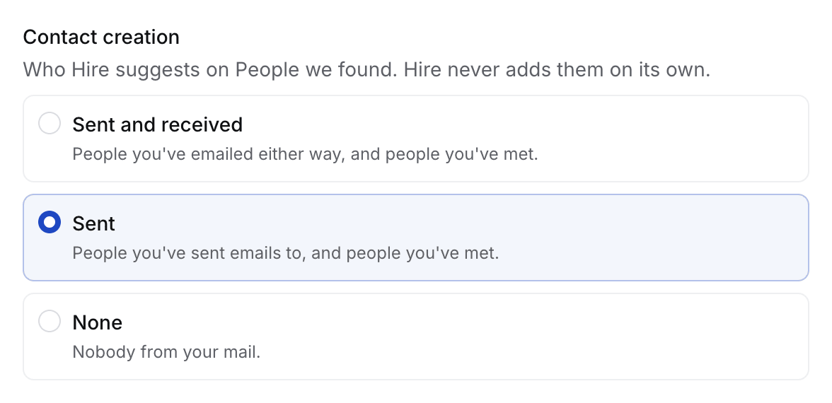 Mail sync, Contact creation: Sent and received, Sent (chosen) and None