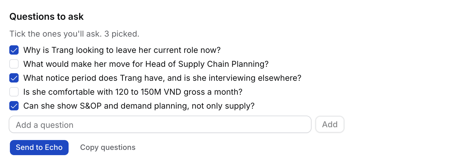 Questions to ask for Ngô Thị Thu Trang's HR interview: five questions from Flo with three ticked, Add a question, Send to Echo and Copy questions