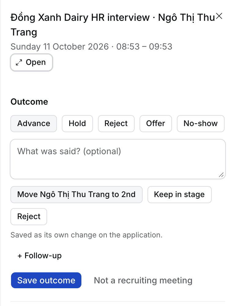 The outcome form for Ngô Thị Thu Trang's interview, typed CCM: About, the outcomes Advance, Hold, Reject, Offer and No-show, and What was said