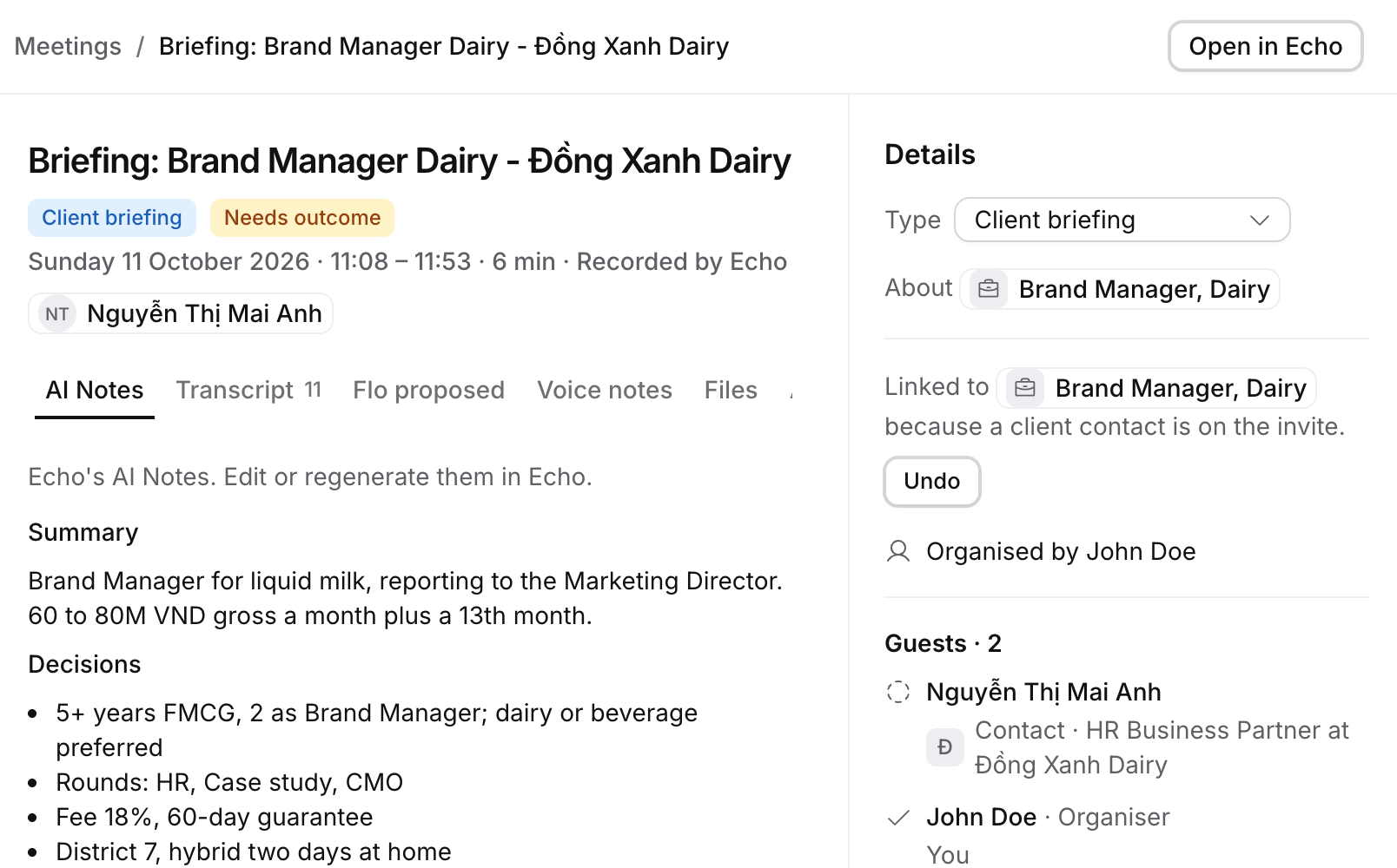 A CCM's page: the title, when and how long, the people on the call, the tabs, Echo's AI Notes with times added by Flo, and Details on the right