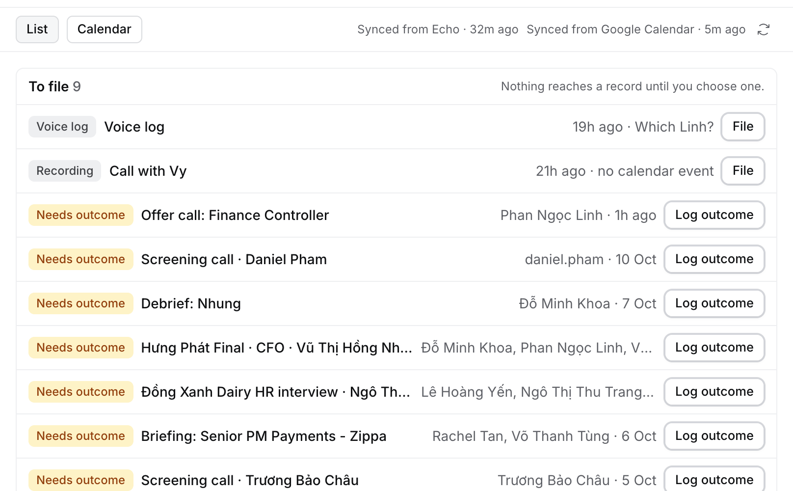 Meetings on List: To file with a voice log and a recording