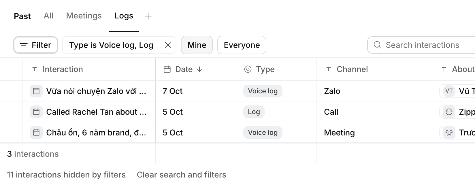 Meetings › Past on the Logs View: Filter, Mine and Everyone, then logs with their date, type, channel, the record, the outcome and how each was made