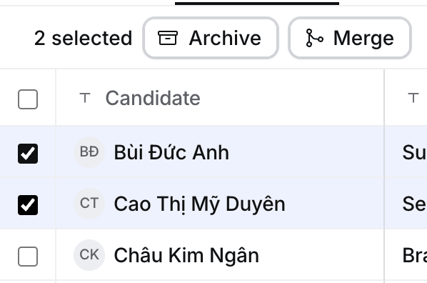 Two candidates ticked, with 2 selected, Archive and Merge above the table
