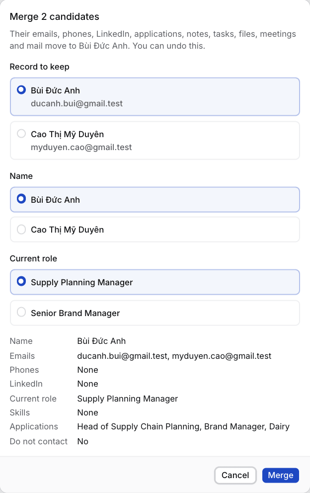Merge 2 candidates: Record to keep, Name and Current role choices, and what the kept record will hold