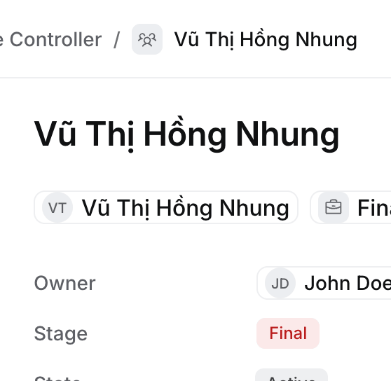 Vũ Thị Hồng Nhung's application on Finance Controller, owned by John, at the Final round