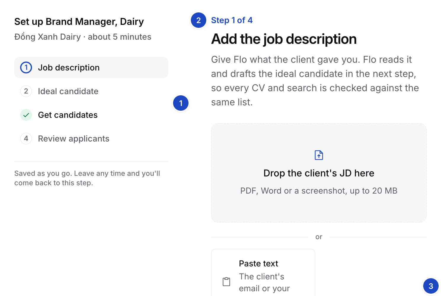 Step 1 of 4, Add the job description, with a drop zone, Paste text, Upload JD and Ask Flo to do this step