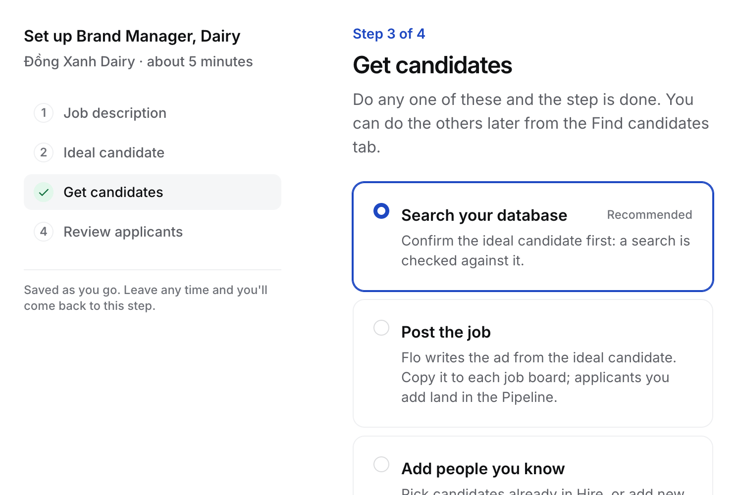 Step 3 of 4, Get candidates, with Search your database, Post the job and Add people you know