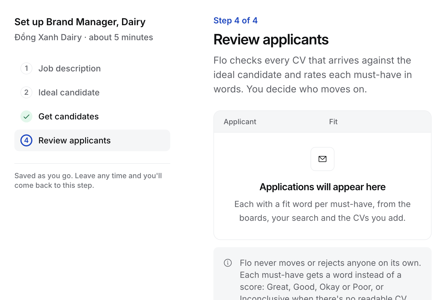 Step 4 of 4, Review applicants, with an empty applicant table and Turn on CV review