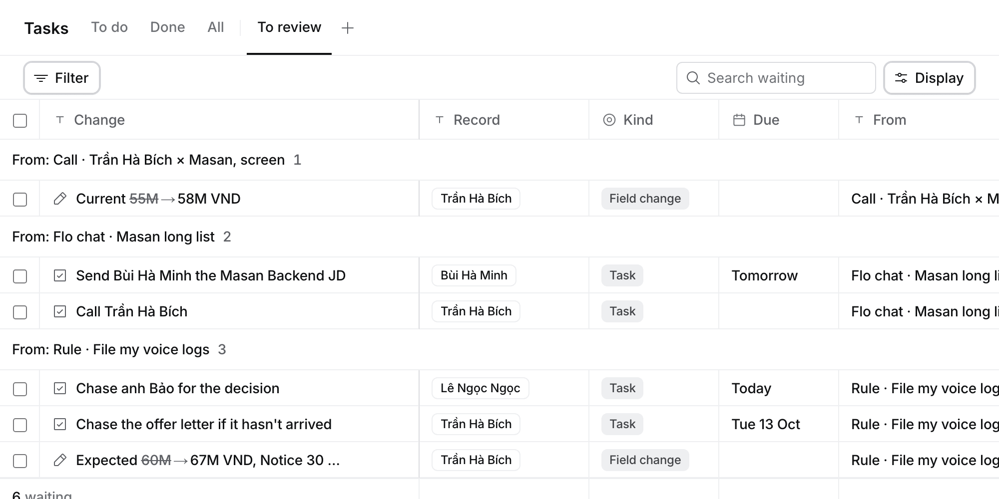 Tasks with the To review tab after To do, Done and All: a table grouped by From, with Change, Record, Kind, Due, From, Waiting since and Expires columns