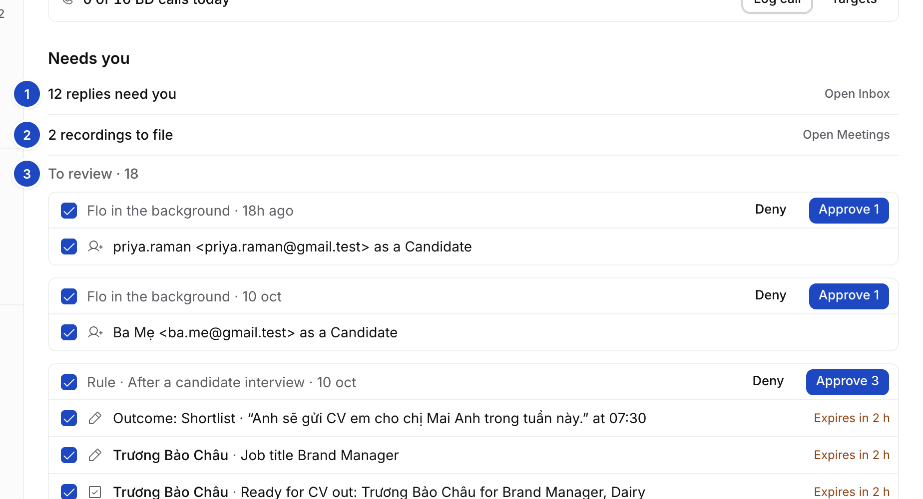 Today's Needs you: 12 replies, 2 recordings to file and Flo's proposals grouped by Rule