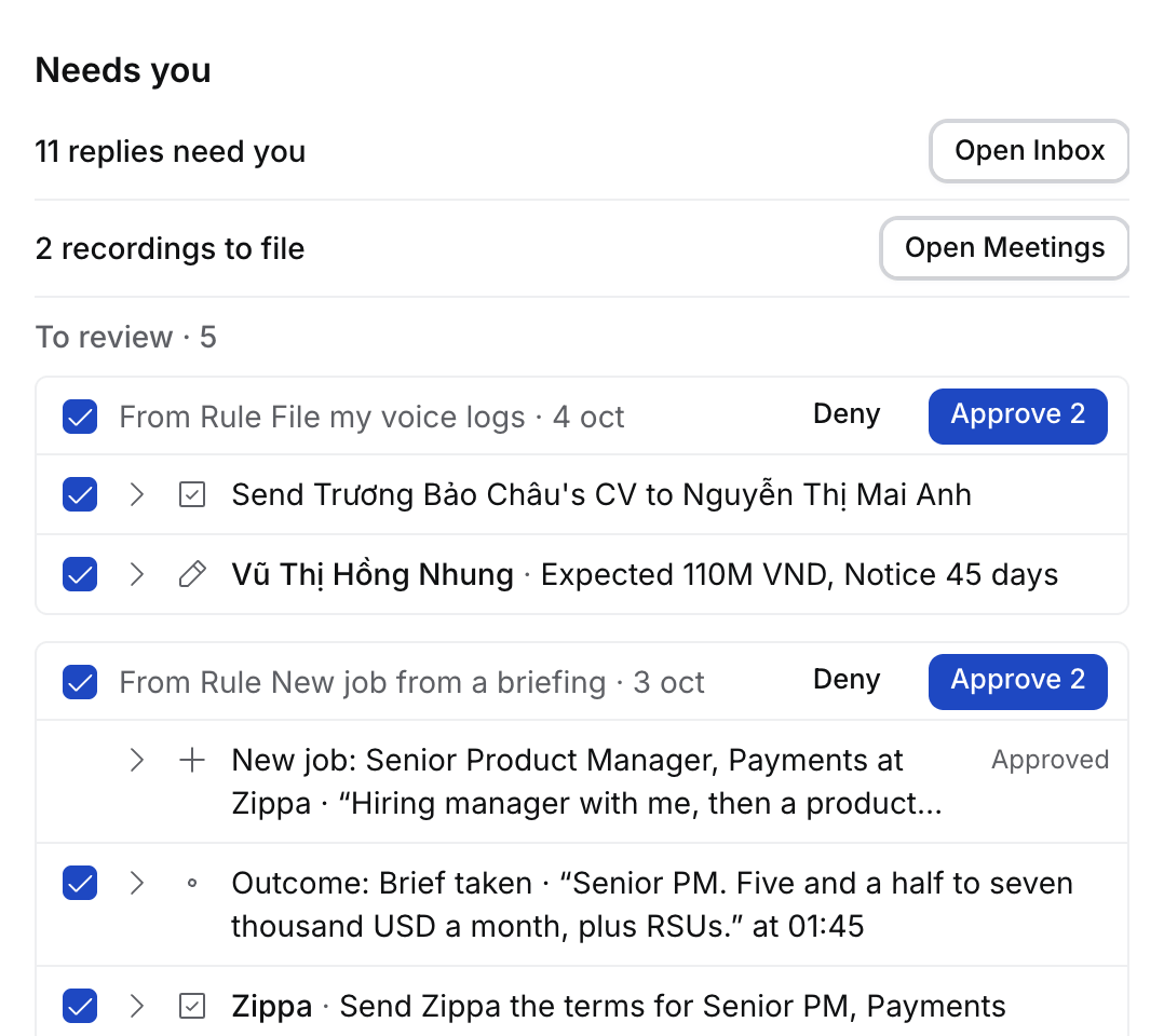 Today's Needs you with To review: a header From Rule File my voice logs with Deny and Approve 2, a Task row, and a salary change written as Expected 110M VND, then rows that wrap to two lines