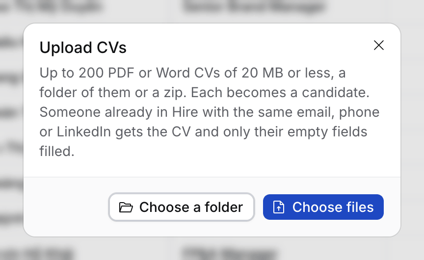 The Upload CVs dialog with Choose a folder and Choose files
