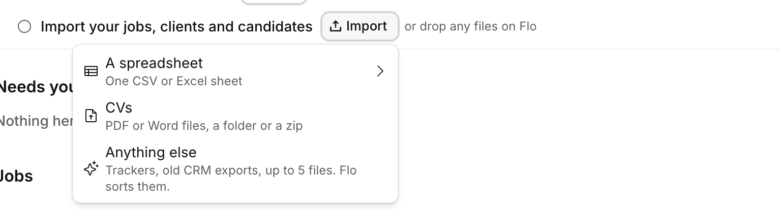 The Import menu open on Get started: A spreadsheet, CVs, Anything else