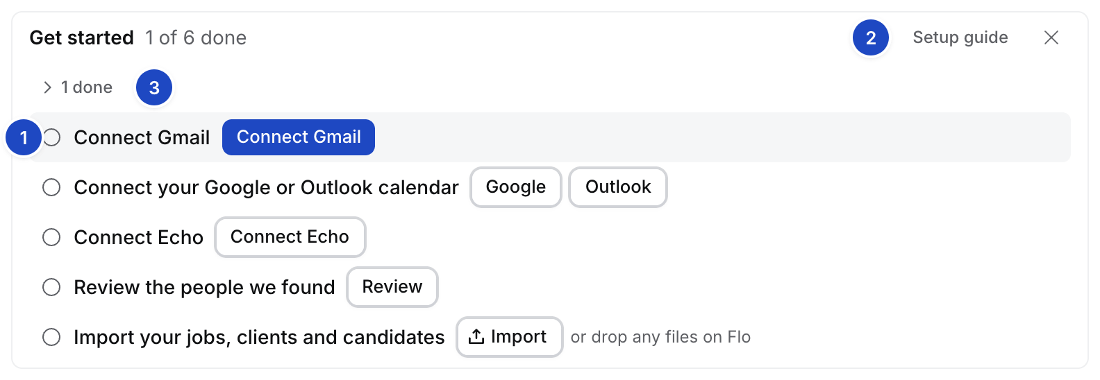 Today in a new agency: the Get started card with six rows, Connect Gmail highlighted