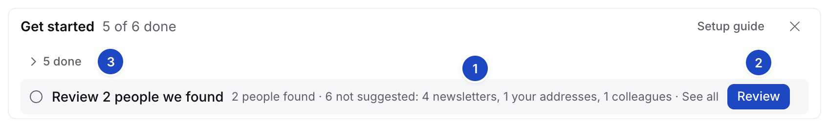 The Review 2 people we found row: the not suggested counts with See all, and the Review button