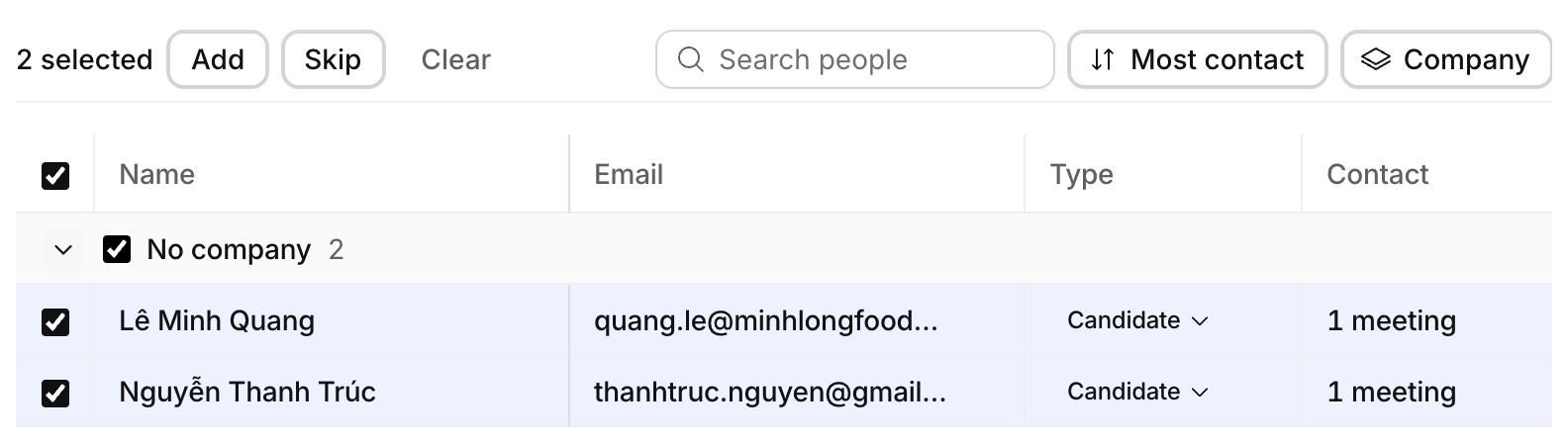 People we found on List: people grouped by company, two ticked, with Add and Skip above the table