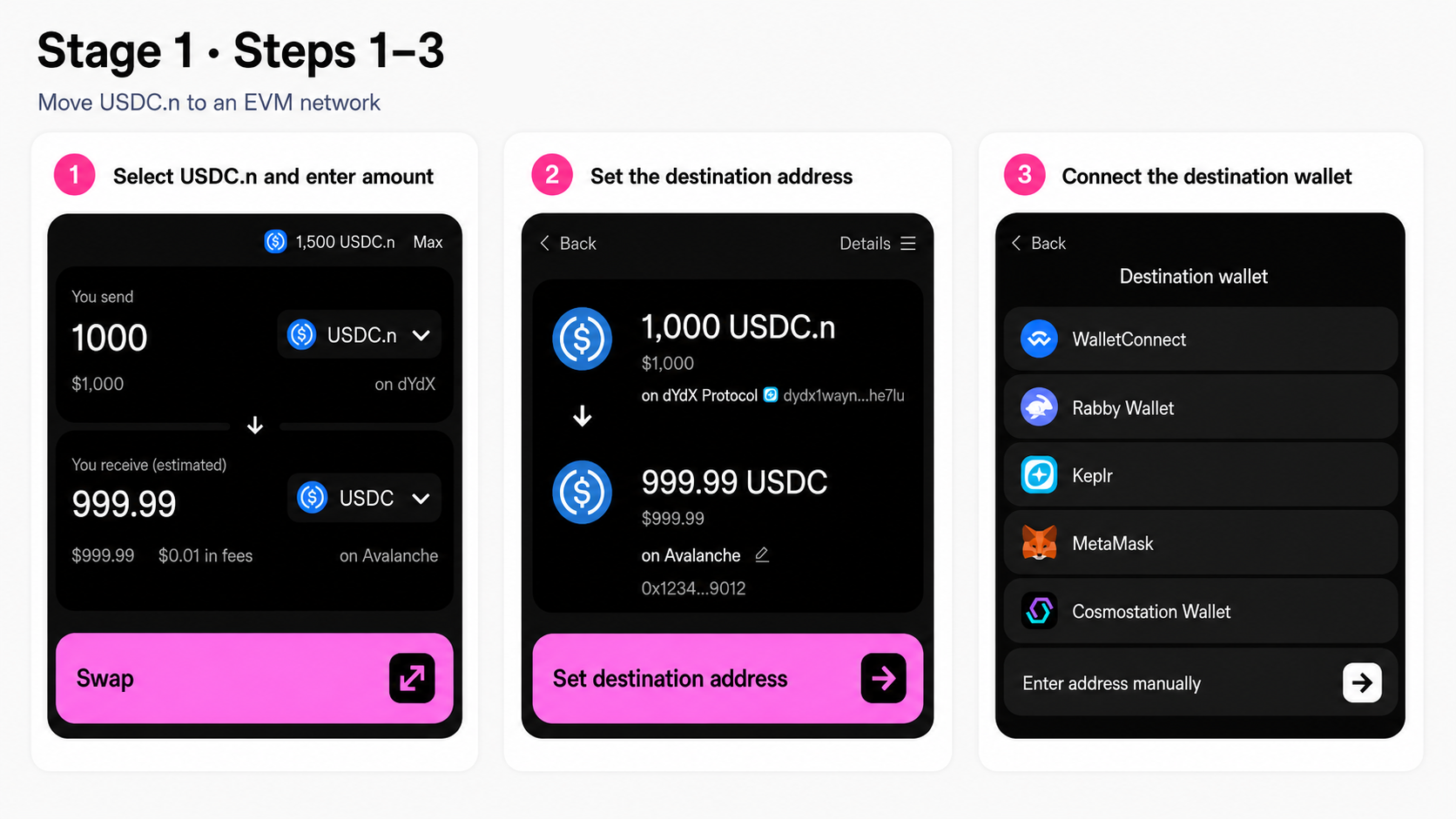 Selecting USDC.n as the source asset and entering the migration amount
