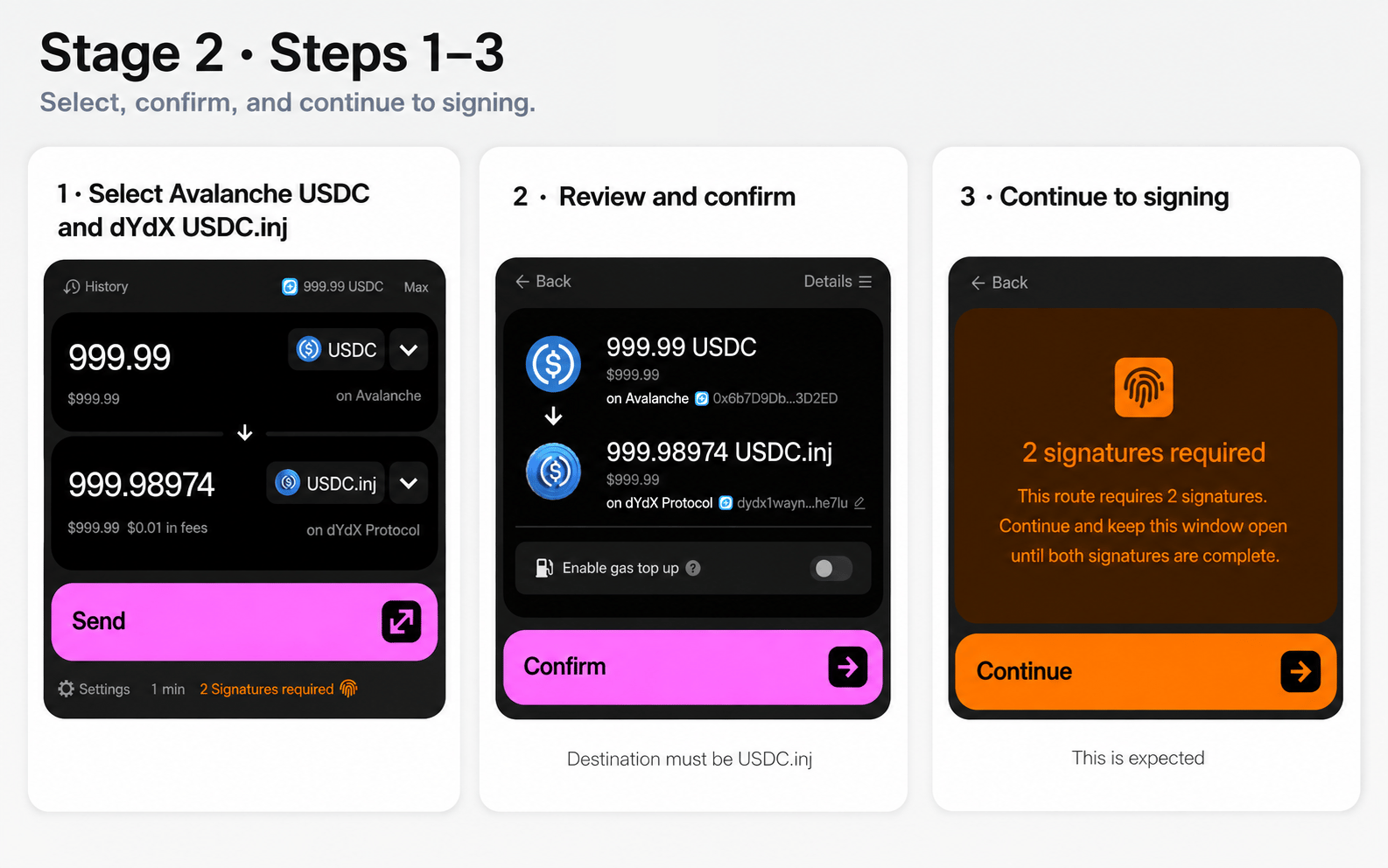 Selecting Avalanche USDC as the source and dYdX USDC.inj as the destination