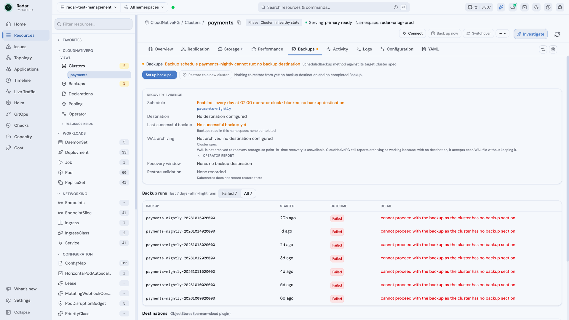 Backups tab with recovery evidence and failed backup runs