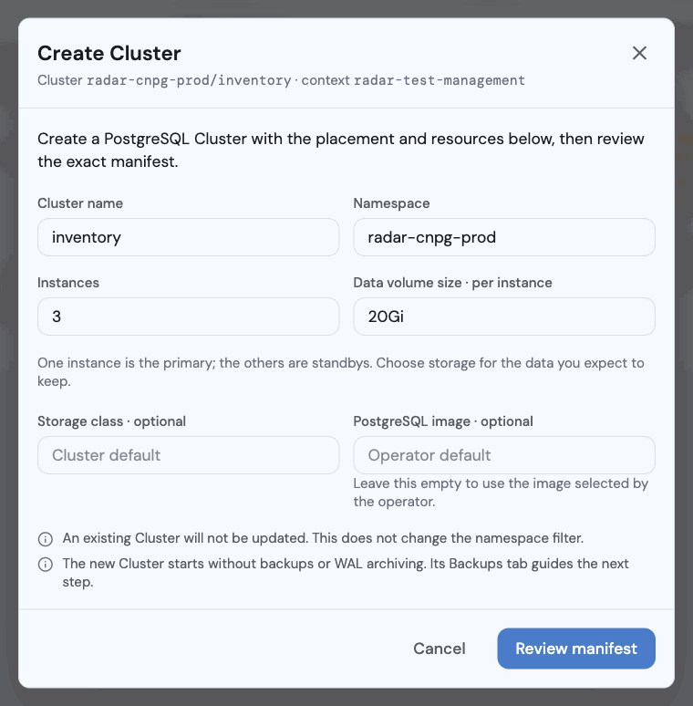 Create Cluster dialog