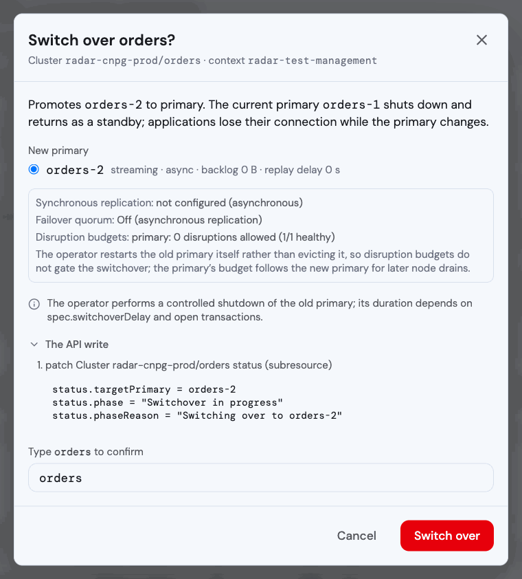 Switchover confirmation dialog