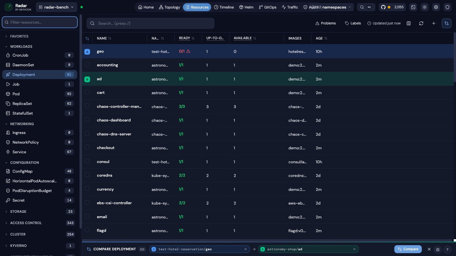 Radar resource table in compare mode - leading A/B column, sticky bottom tray with two pick slots and a Compare button