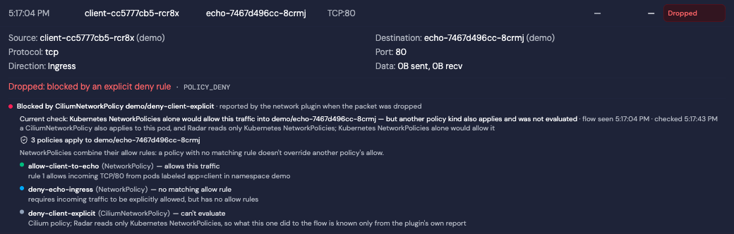 Dropped flow attributed by Hubble to a CiliumNetworkPolicy