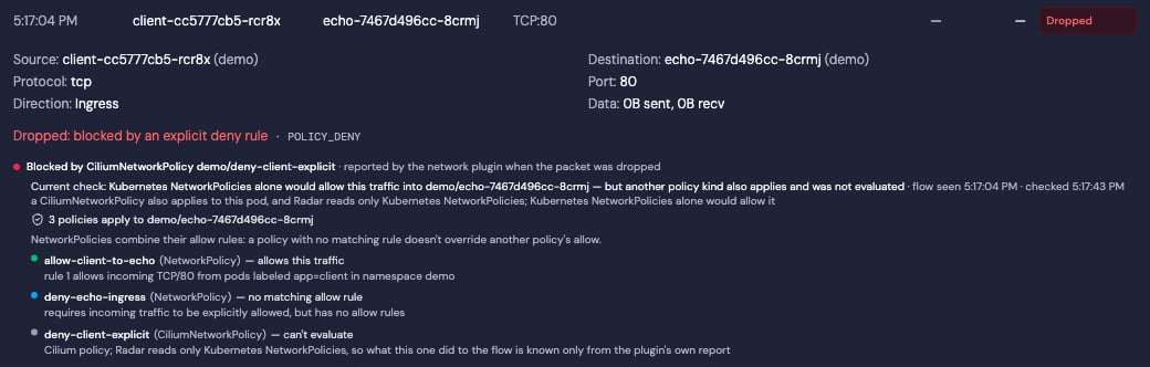 Dropped flow attributed by Hubble to a CiliumNetworkPolicy